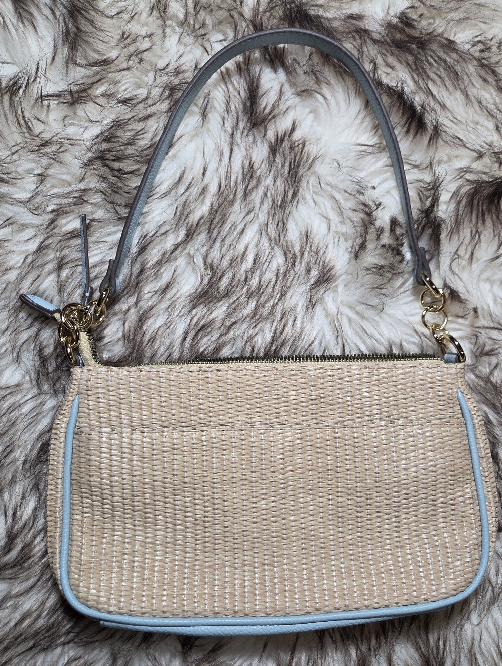 Nanette Lepore Natural Straw Shoulder Bag with Light Blue Trim - Picture 7 of 8